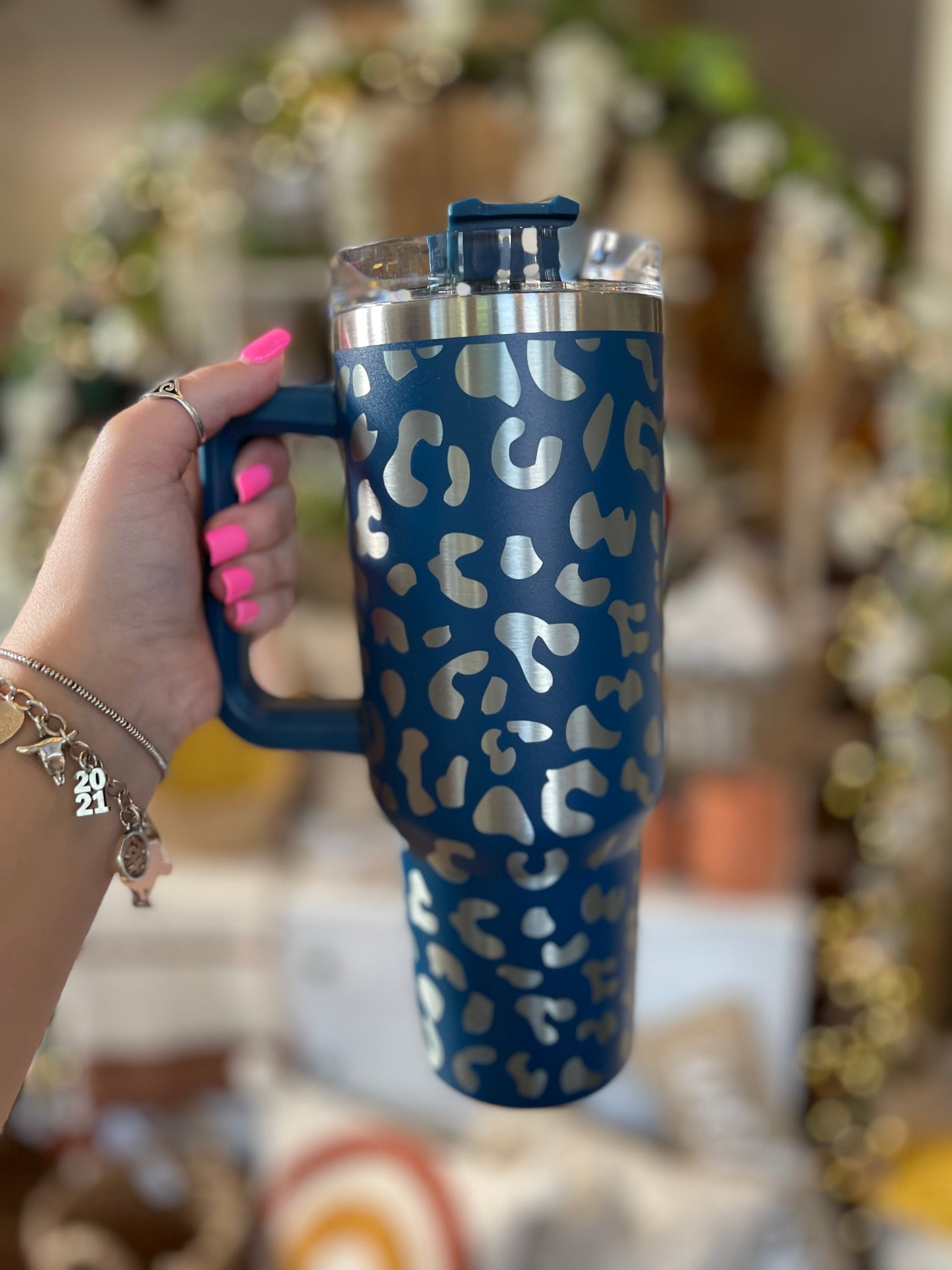 40oz Insulated Tumblers with Handle || Navy Leopard