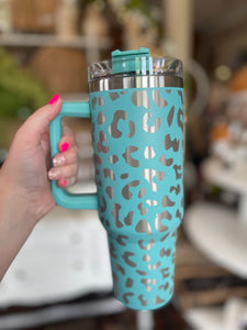 40oz Insulated Tumblers with Handle || Teal Leopard