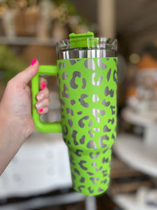 40oz Insulated Tumblers with Handle || Lime Green Leopard