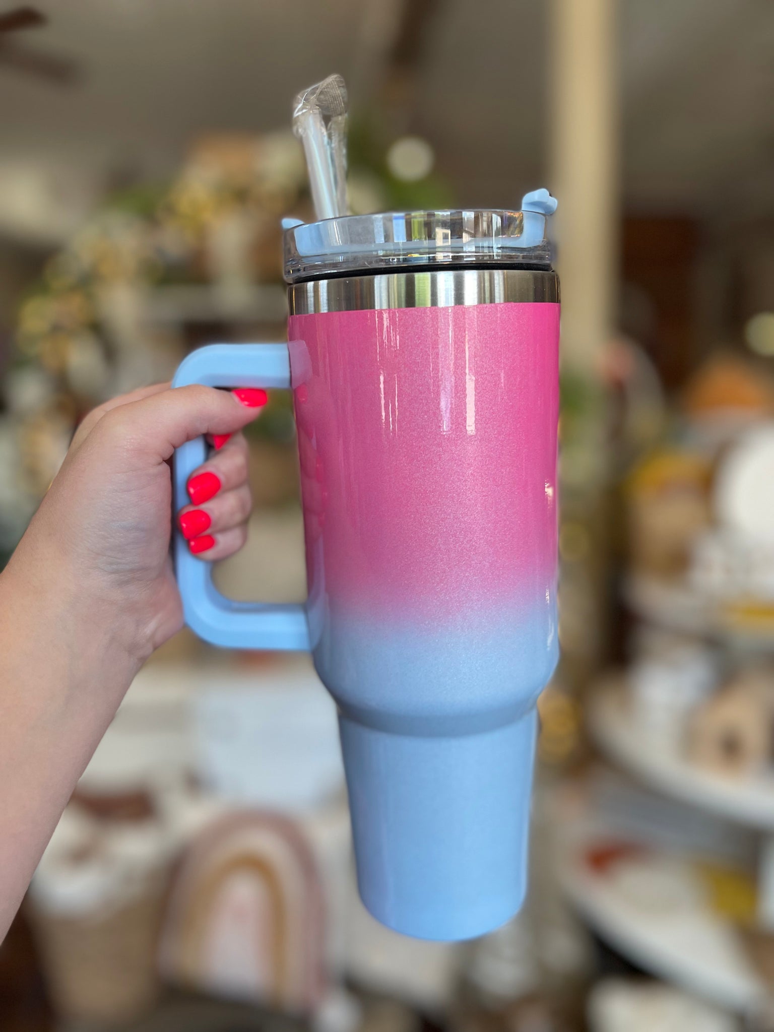 40oz Insulated Tumblers with Handle || Pink/Light Blue