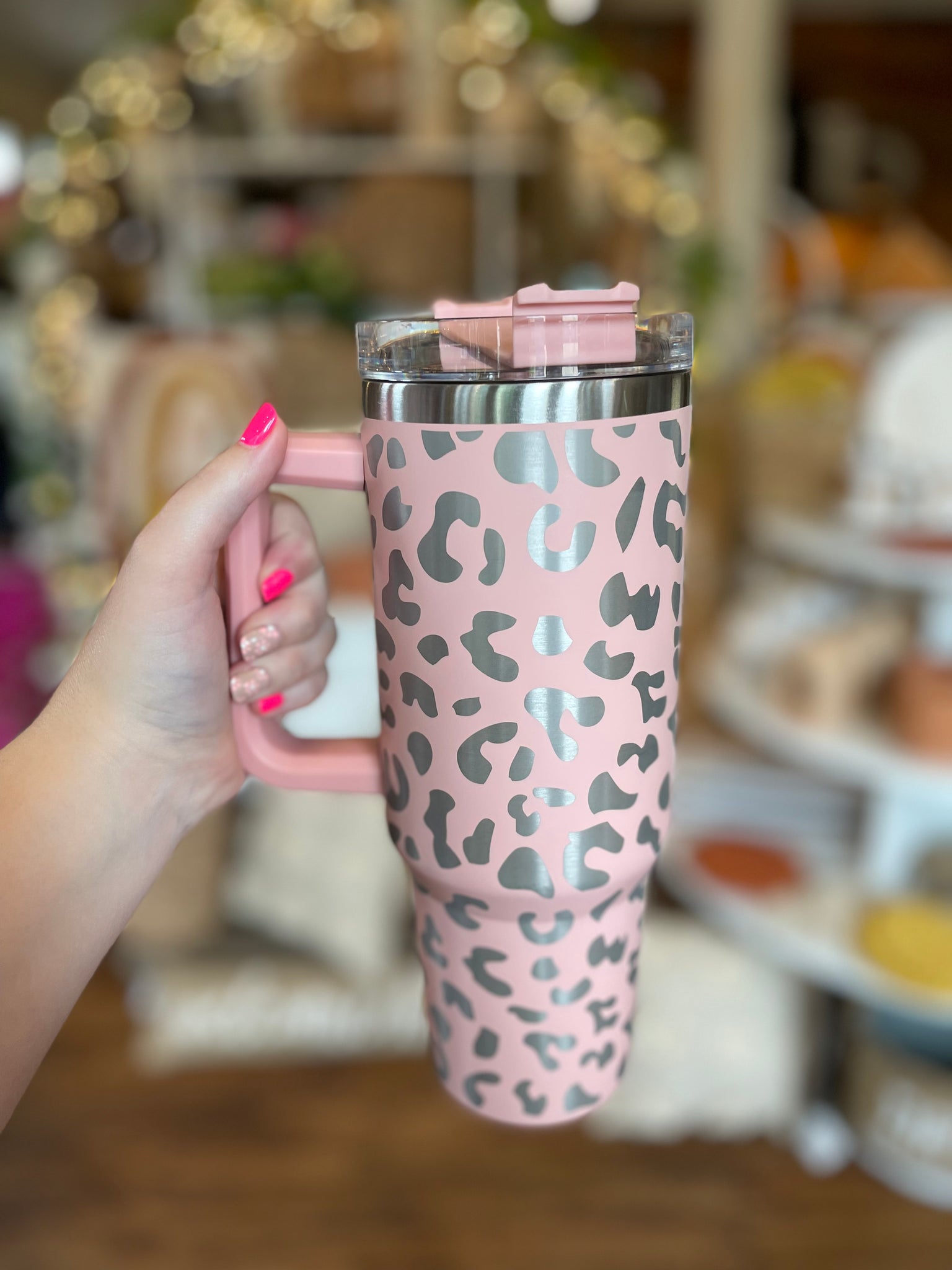 40oz Insulated Tumblers with Handle || Blush Leopard