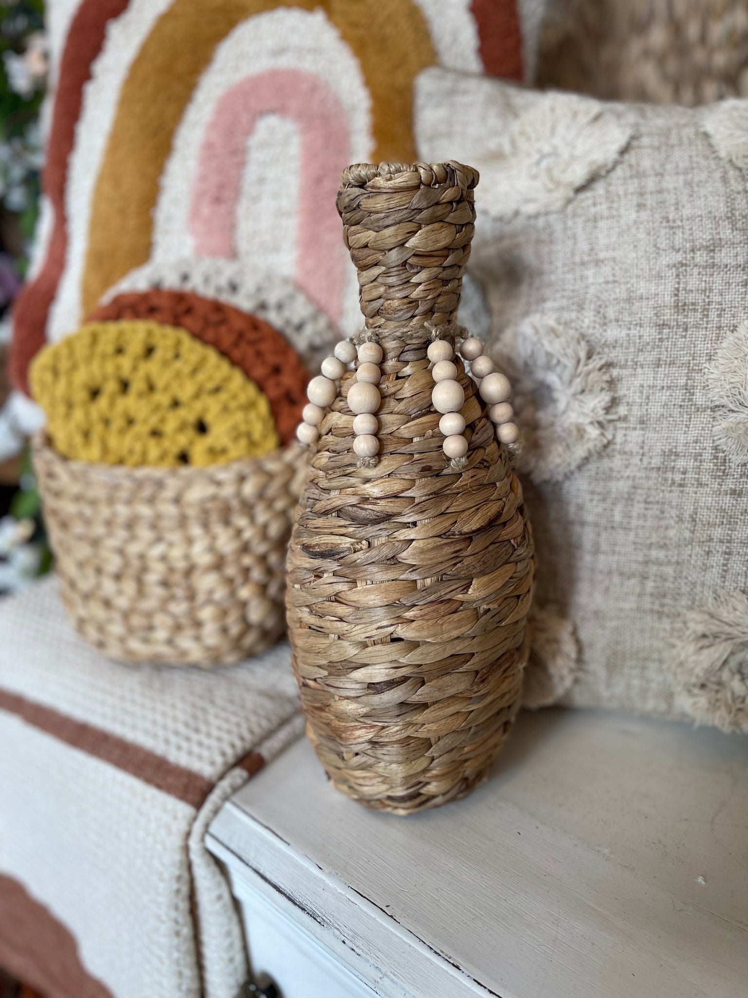 Woven Vase with Wood Beads