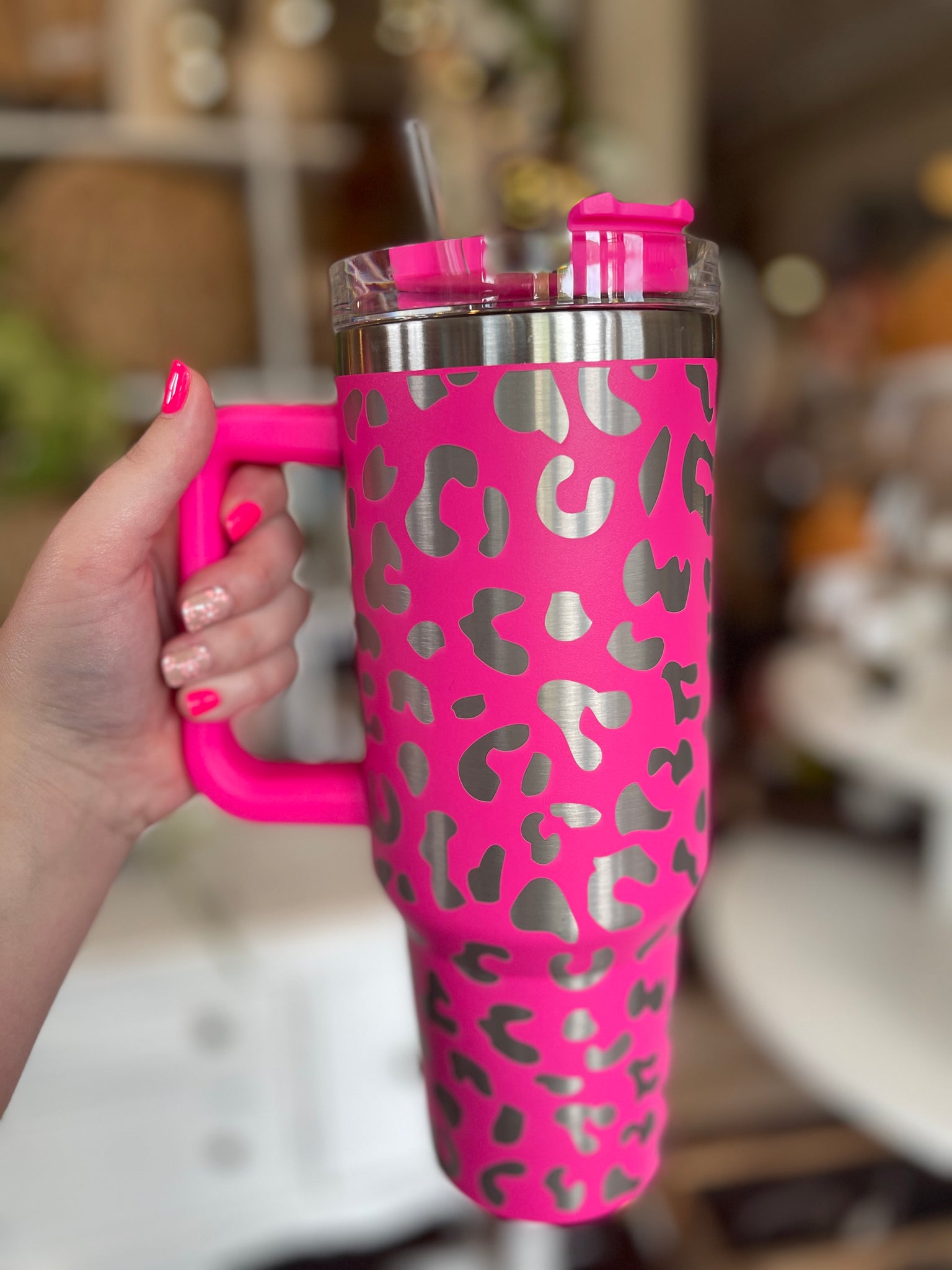 40oz Insulated Tumblers with Handle || Hot Pink Leopard