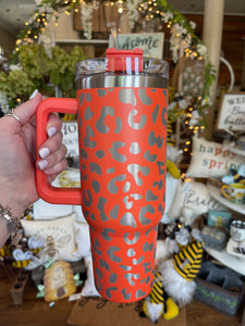 40oz Insulated Tumblers with Handle || Orange Leopard