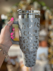 40oz Insulated Tumblers with Handle || Light Gray Leopard
