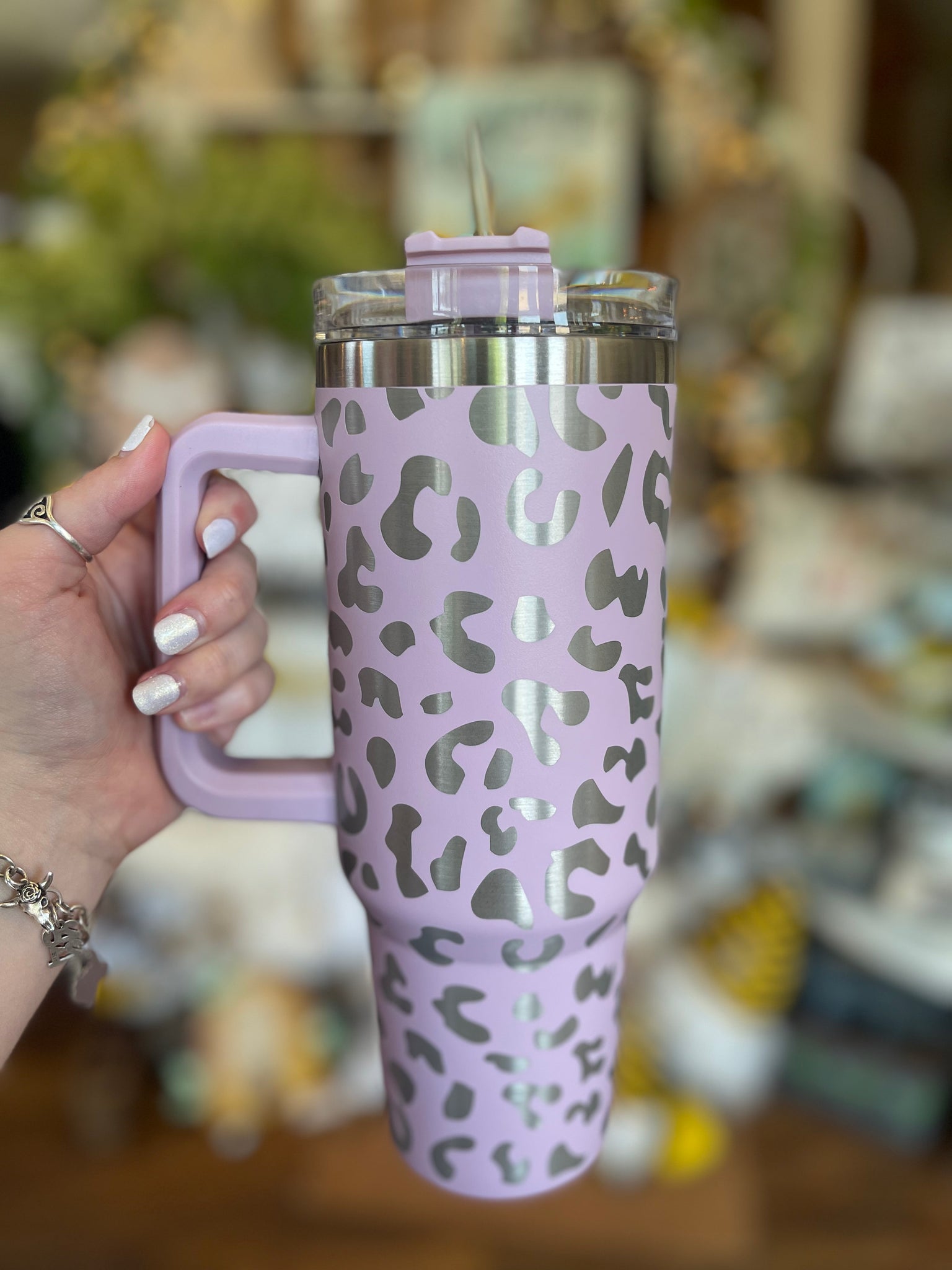 40oz Insulated Tumblers with Handle || Lilac Leopard