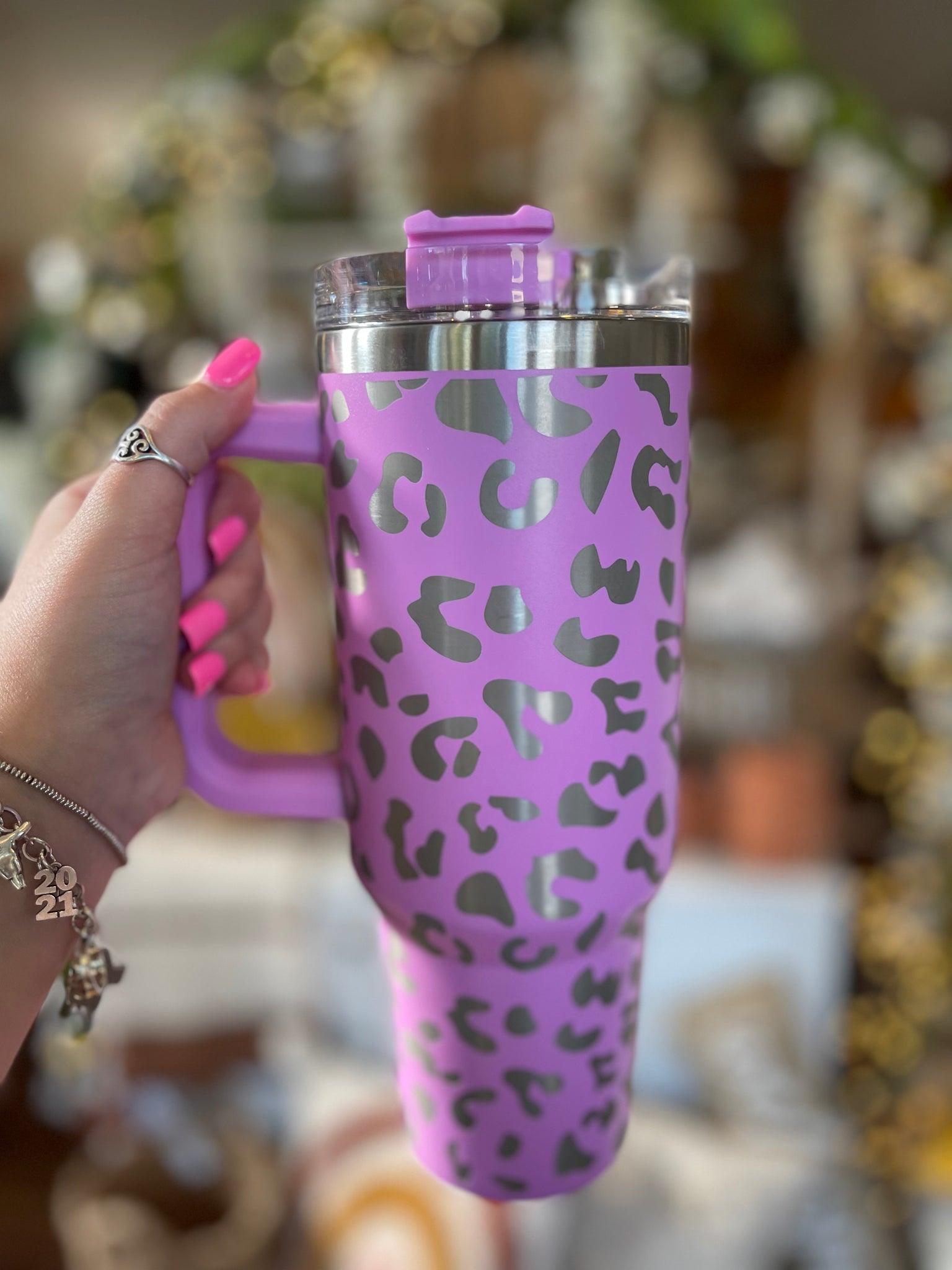 40oz Insulated Tumblers with Handle || Pink Purple Leopard