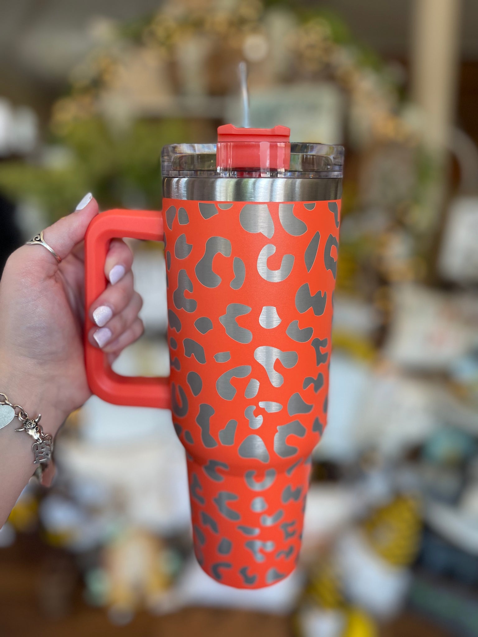 40oz Insulated Tumblers with Handle || Orange Leopard