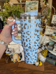 40oz Insulated Tumblers with Handle || Light Blue Leopard