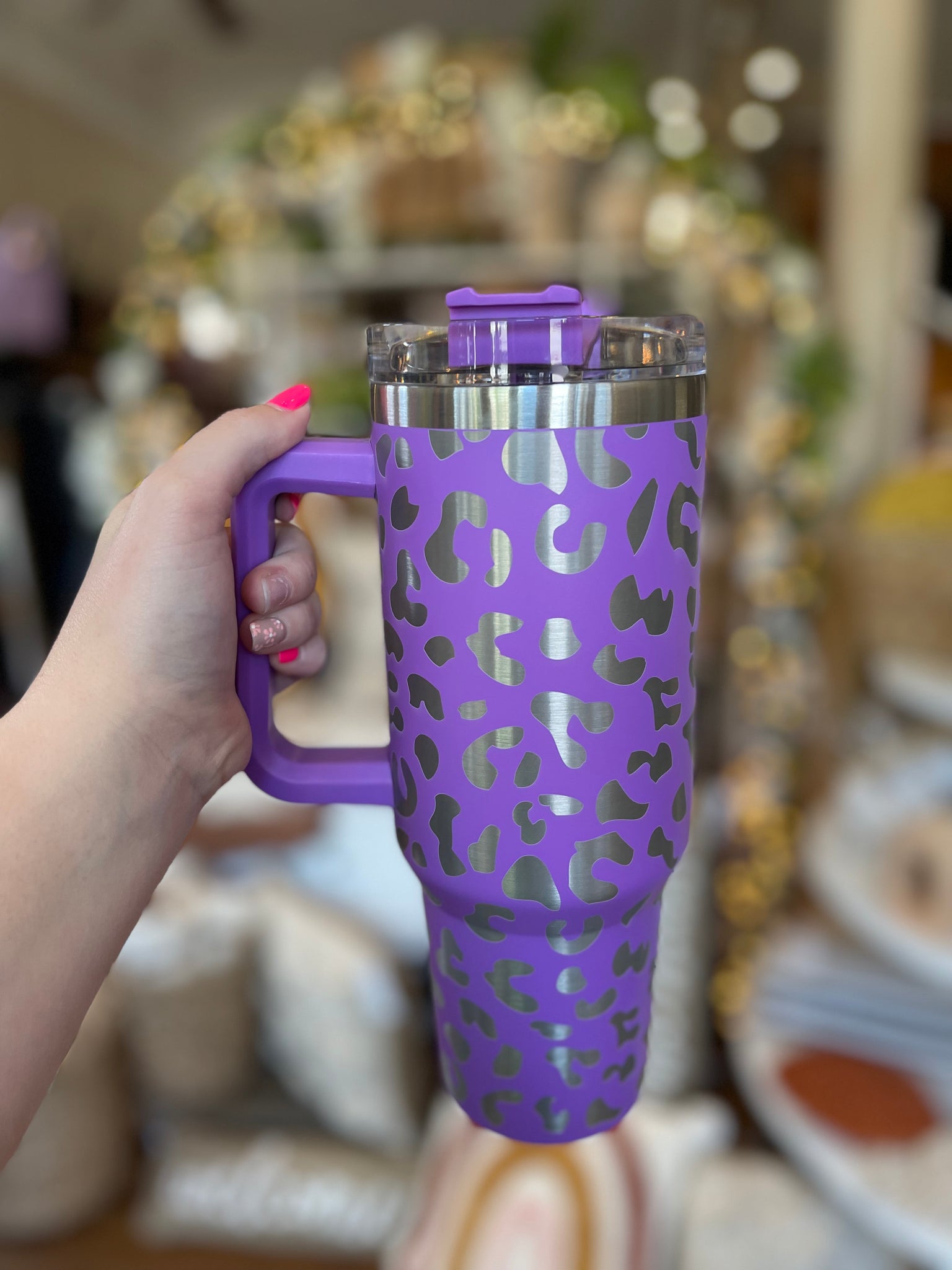 40oz Insulated Tumblers with Handle || Purple Leopard
