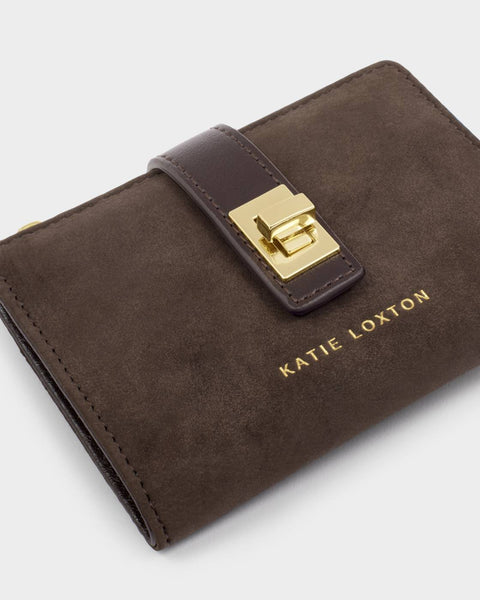 Katie Loxton || Orin Twist Lock Wallet - Bitter Chocolate Suedette