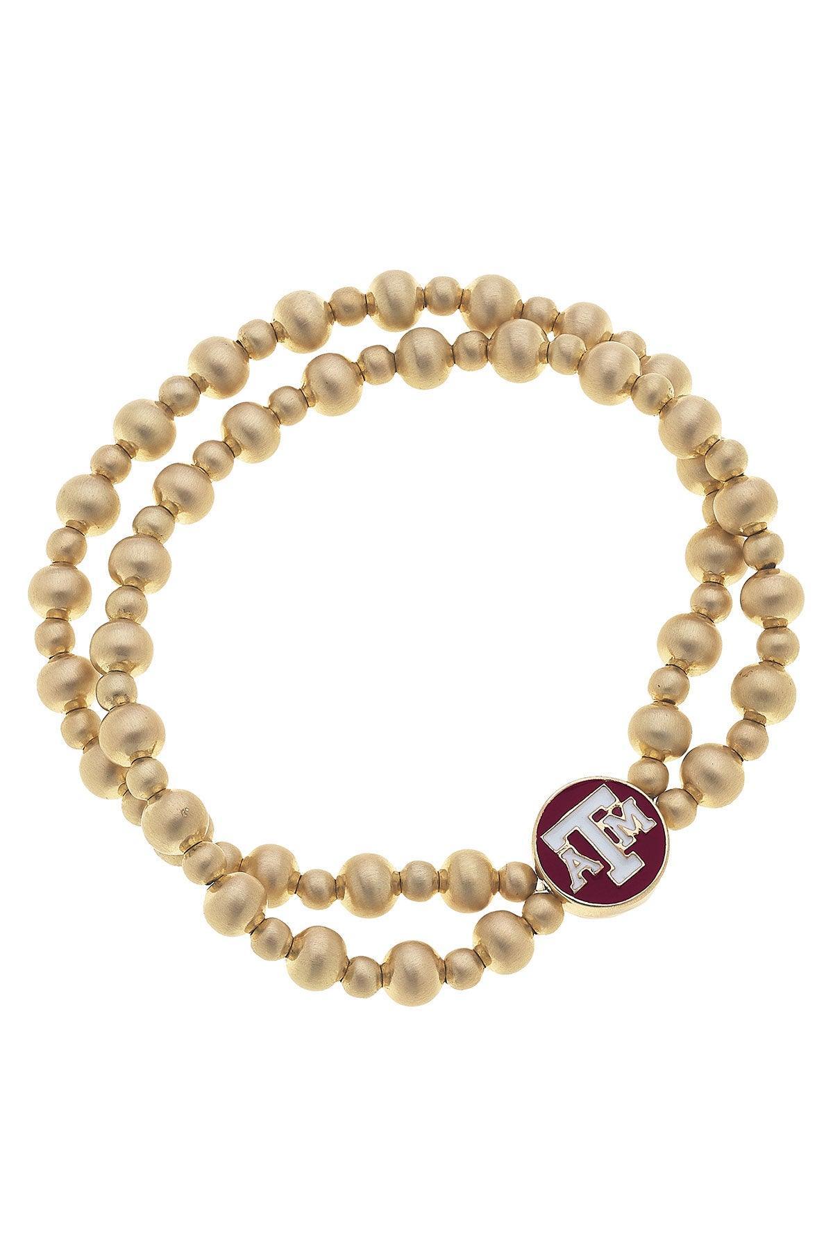 Texas A&M Aggies 2 Row Ball Bead Bracelet || Satin Gold