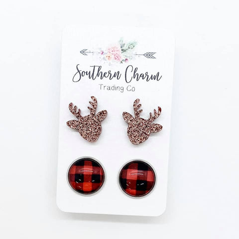 12mm Reindeer & Red Buffalo Plaid Stud Set