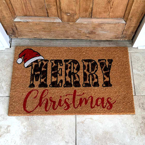 Leopard Merry Christmas Coir Doormat