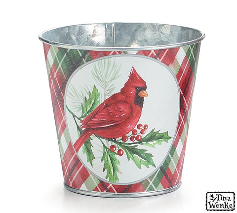 4" Pot Cover with Cardinal and Plaid