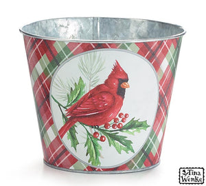 6" Pot Cover with Cardinal and Plaid