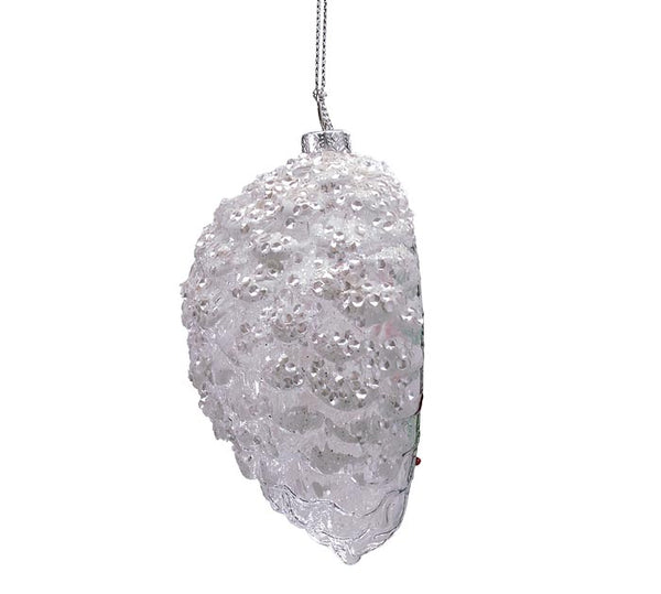 Snowy Pinecone Shape with Red Cardinal Glass Ornament