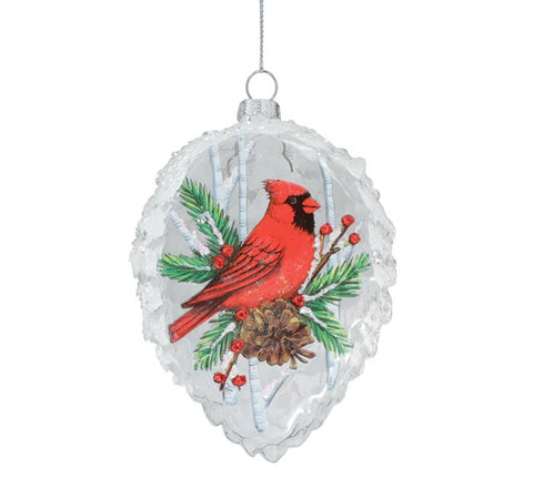 Snowy Pinecone Shape with Red Cardinal Glass Ornament