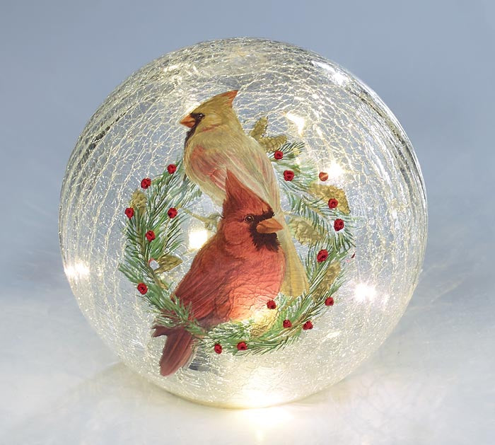 Two Cardinals on a Round Crackle Glass