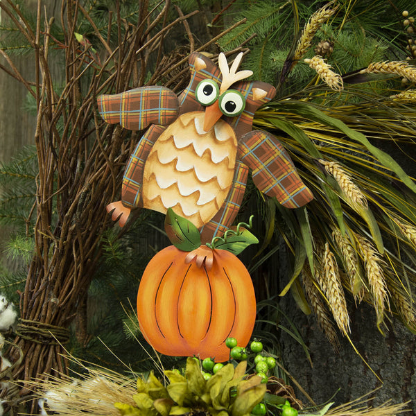 Plaid Owl on Pumpkin Stake
