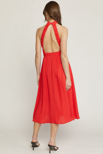 Valentina Scoop High Neck Sleeveless Midi Open Back Dress || Red