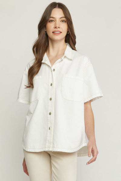 Phoebe Solid Denim Collared Button Up Blouse || White