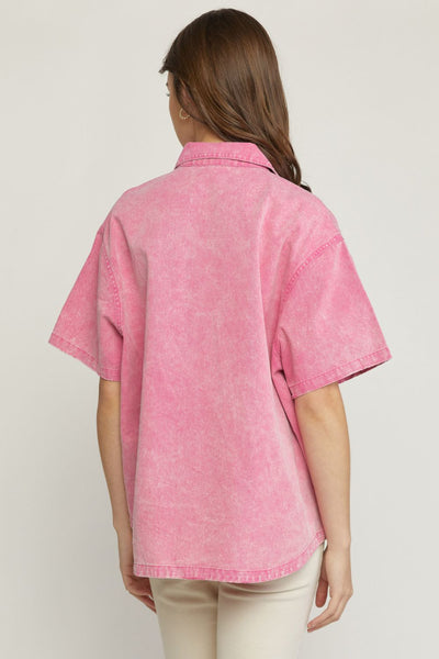 Phoebe Solid Denim Collared Button Up Blouse || Pink