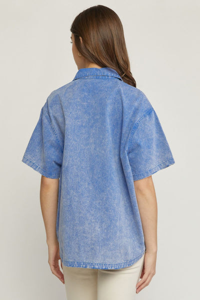 Phoebe Solid Denim Collared Button Up Blouse || Blue