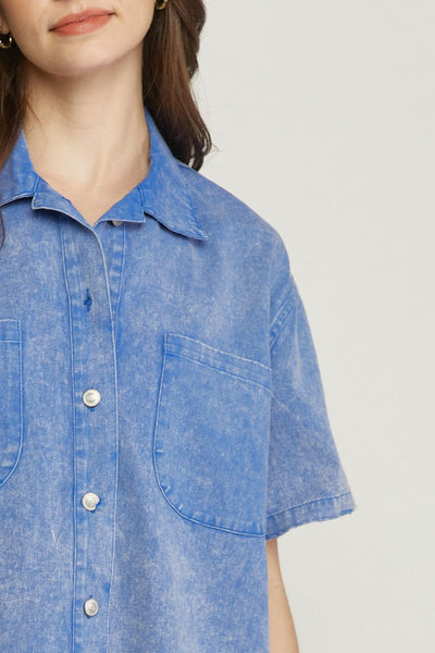 Phoebe Solid Denim Collared Button Up Blouse || Blue