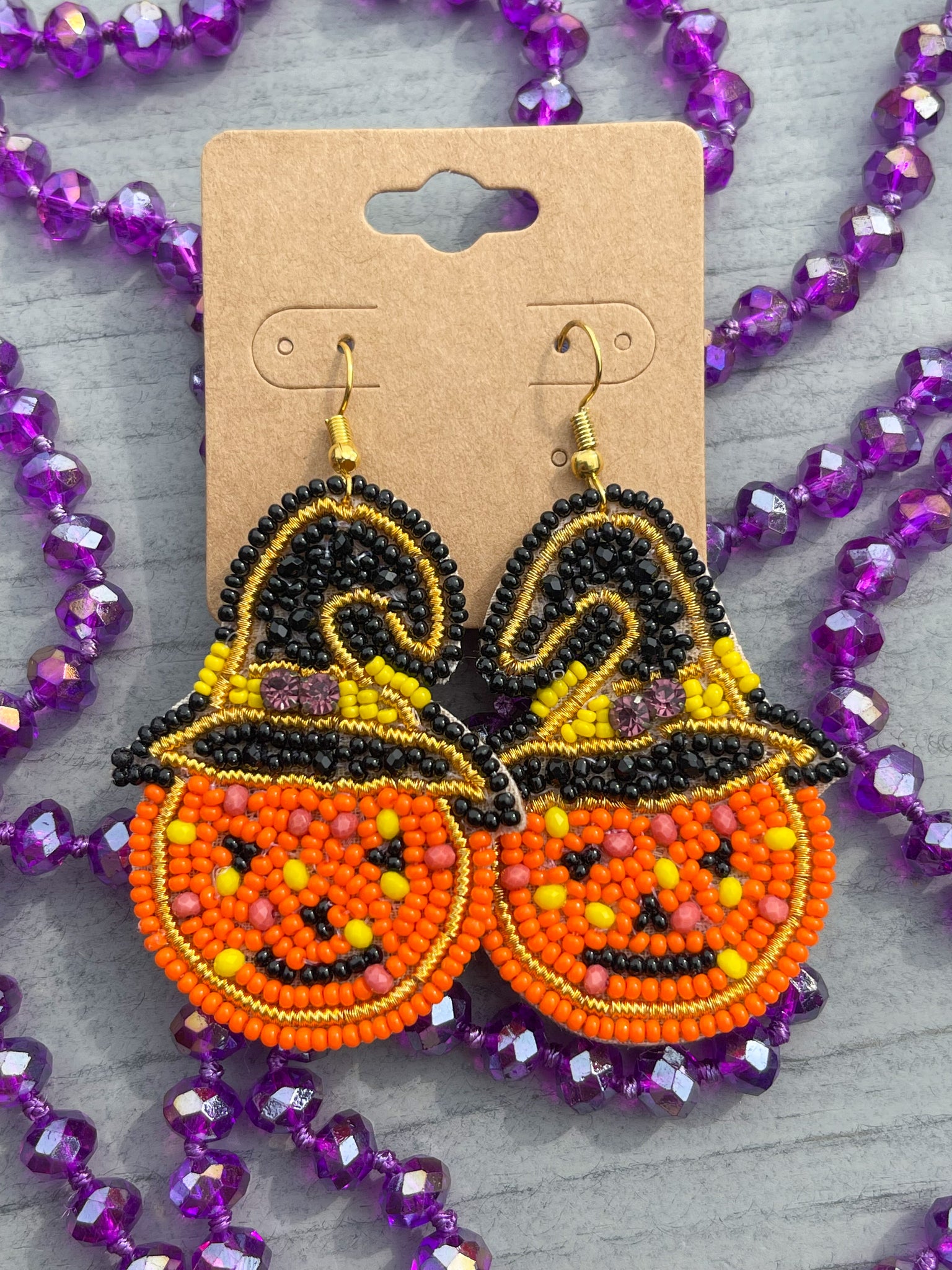 Beaded Halloween Earrings || Orange Witch Pumpkin