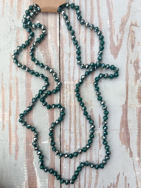 60" Bead Necklace || Dark Green and Silver Mix