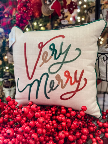 Very Merry Red Pillow with Green Piping