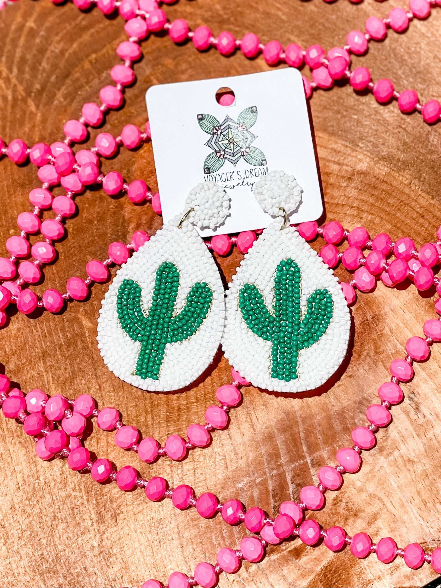 White + Green Beaded Cactus Earrings