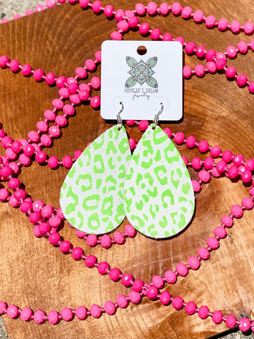 Teardrop Earrings || Lime Green + White Leopard