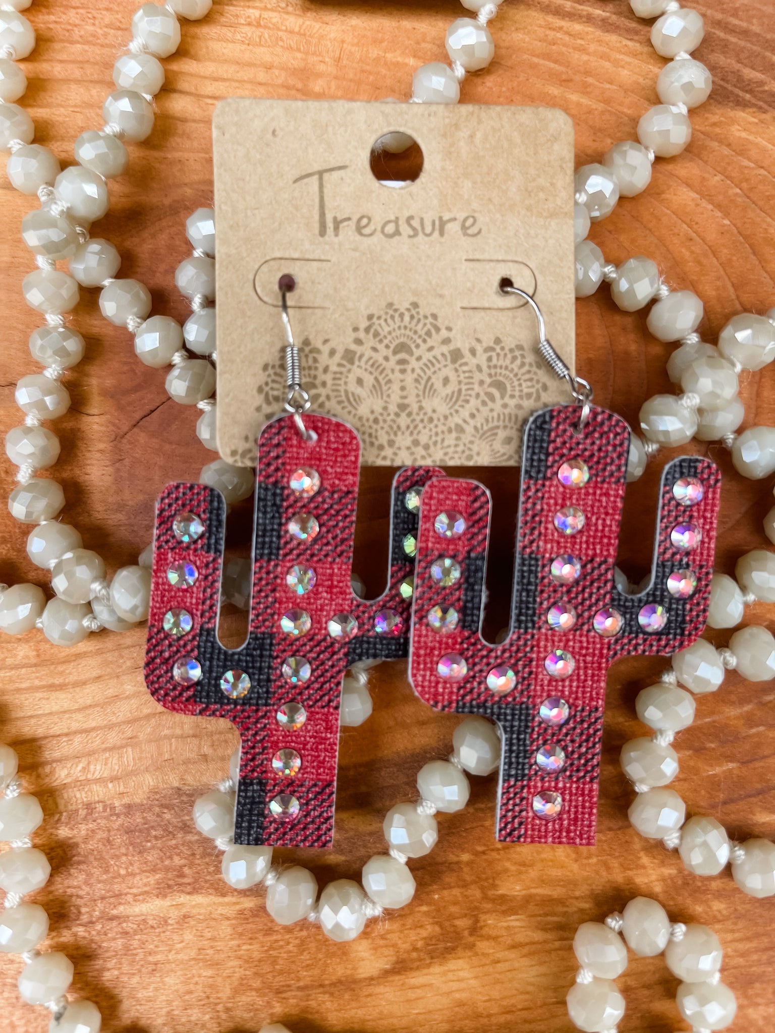 Bedazzled Plaid Cactus Earrings || Red