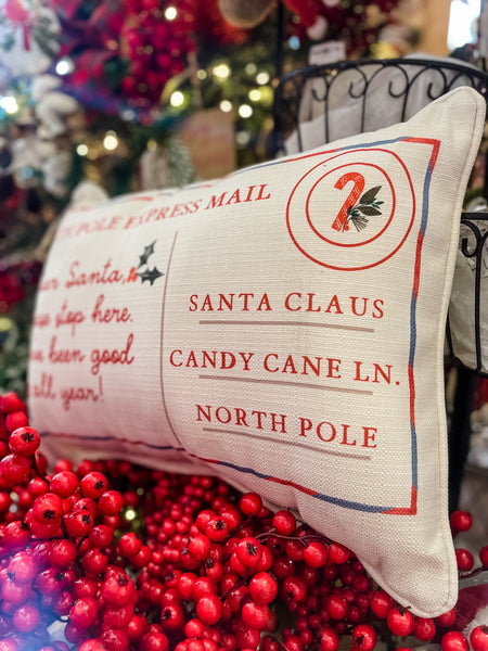 North Pole Express Mail Pillow with Natural Piping
