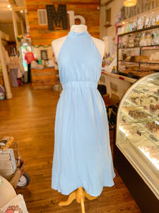 Valentina Scoop High Neck Sleeveless Midi Open Back Dress || Blue